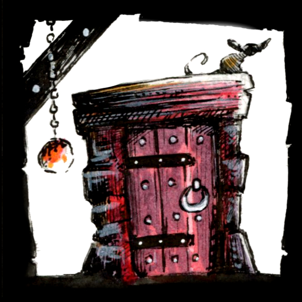 Illustration d'une porte dans le monde fantasy de Dungeon Magnets. - Dessin traditionnel à l'encre, inspiration jeu de rôle - Artiste : Guillaume Lehericey (Lupin de Garenne)