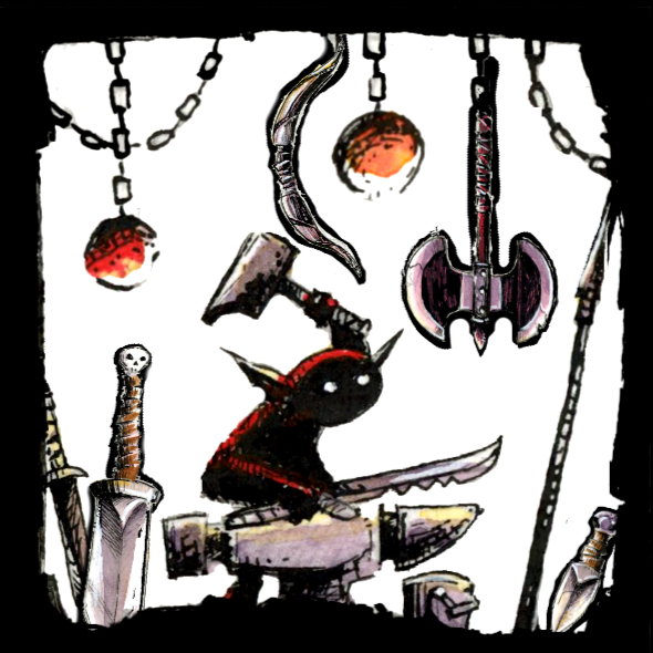 Illustration d'un gobelin forgeron entouré de ses armes forgées, dans le monde fantasy de Dungeon Magnets. - Dessin traditionnel à l'encre, inspiration jeu de rôle - Artiste : Guillaume Lehericey (Lupin de Garenne)