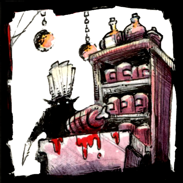 Illustration d'un gobelin cuisinier avec une toque et un couteau, devant un rôti sanguinolant dans le monde fantasy de Dungeon Magnets. - Dessin traditionnel à l'encre, inspiration jeu de rôle - Artiste :  Guillaume Lehericey (Lupin de Garenne)