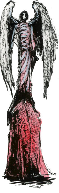 Illustration d'un ange debout sur une pierre, dans un style Dark Fantasy avec une inspiration Jeu de Rôle - Plume et Encre, Posca - Artiste : Guillaume Lehericey (Lupin de Garenne)