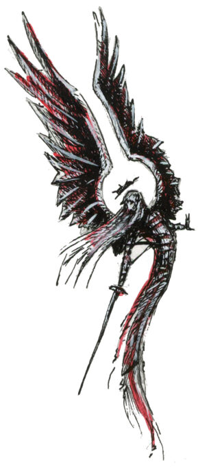 Illustration d'un ange guerrier en vol et tenant une épée, dans un style Dark Fantasy avec une inspiration Jeu de Rôle - Plume et Encre, Posca - Artiste : Guillaume Lehericey (Lupin de Garenne)