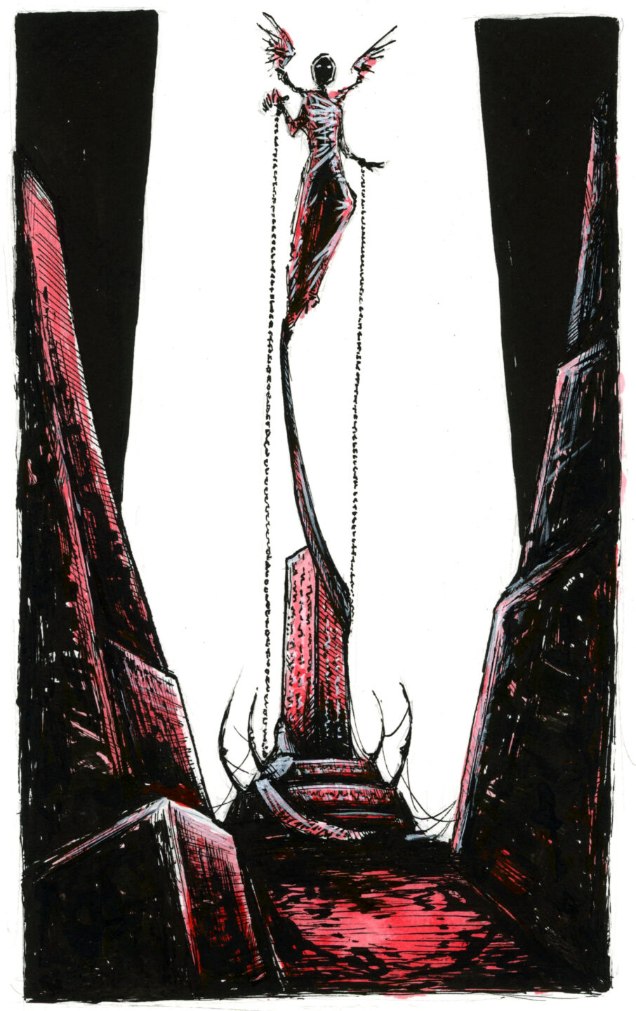 Illustration d'un ange déchu en lévitation au dessus d'une sorte de stèle couverte de runes. Il est enveloppé de bandelettes, avec une chaîne attachée à chaque poignée tombant jusqu'au sol. Dessin dans un style Dark Fantasy avec une inspiration Jeu de Rôle - Plume et Encre, Posca - Artiste : Guillaume Lehericey (Lupin de Garenne)