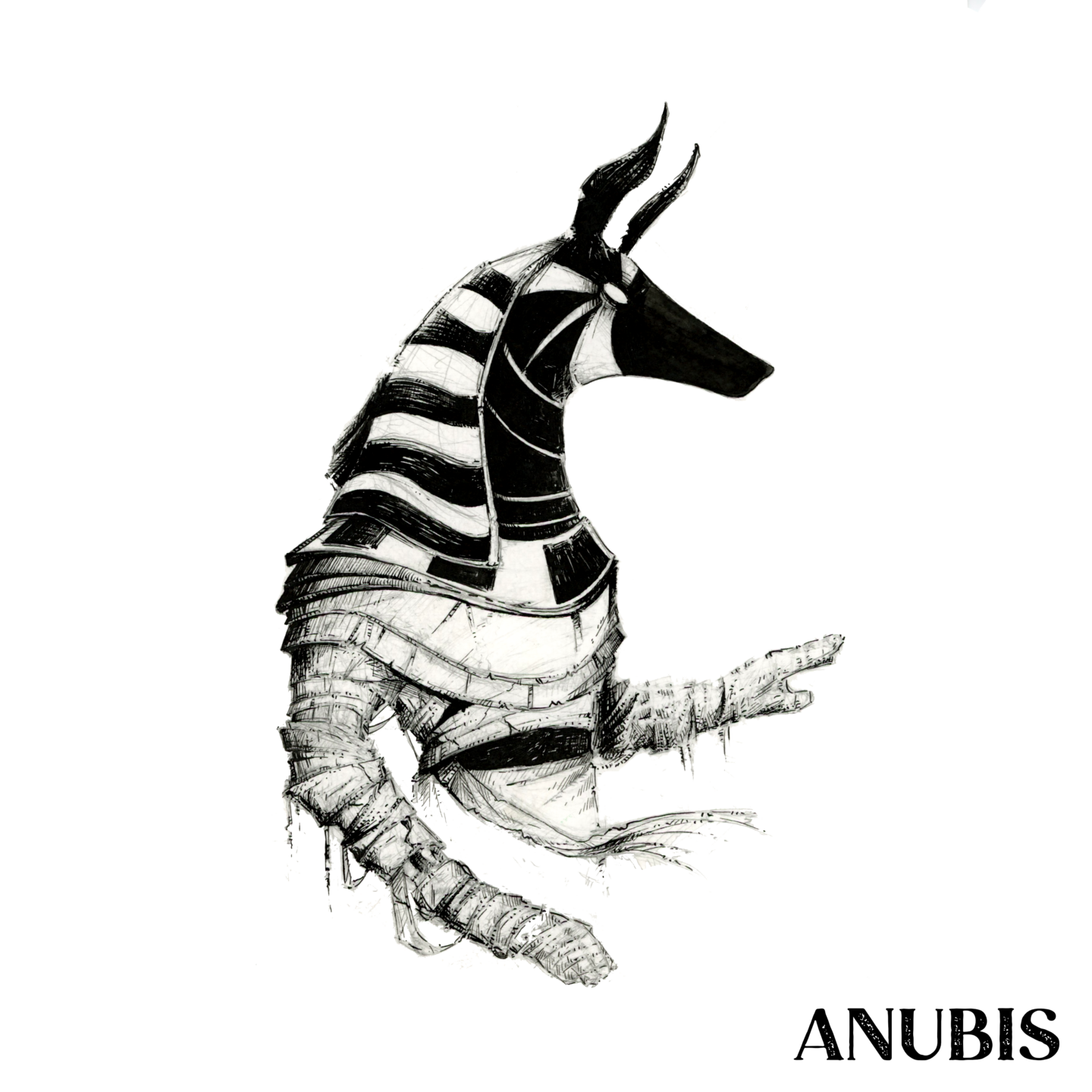 Illustration noir et blanc à la plume du dieu égyptien Anubis - Artiste : Guillaume Lehericey (Lupin de Garenne)