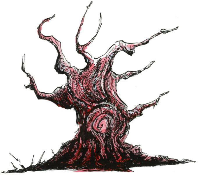 Dessin d'un arbre mort dans un style Dark Fantasy - Plume et Encre, Posca - Artiste : Guillaume Lehericey (Lupin de Garenne)