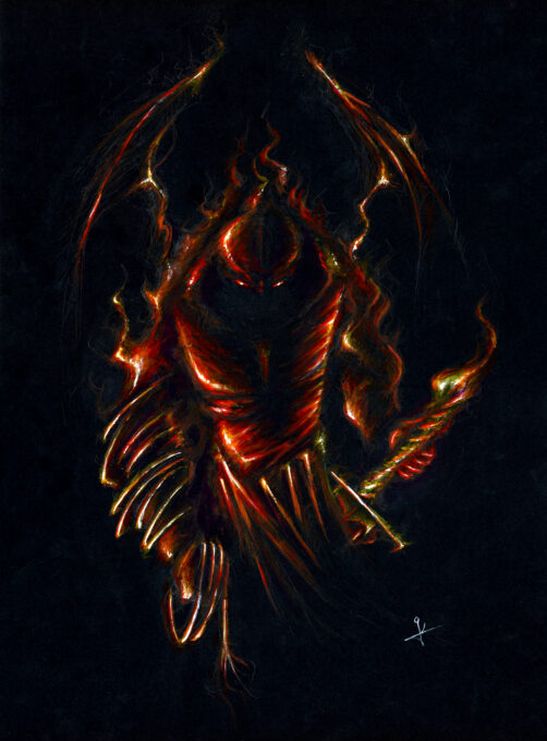 Peinture à l'acrylique sur papier noir d'un balrog - Artiste : Guillaume Lehericey (Lupin de Garenne)