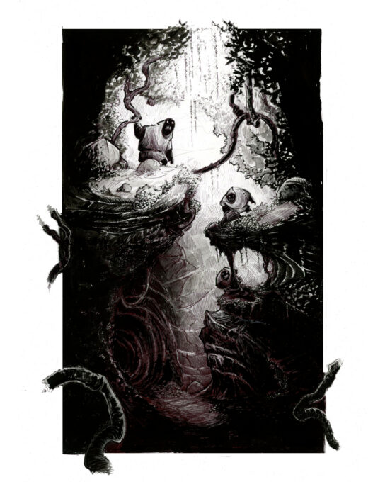 Illustration noir et blanc. Une sortie de souterrains où la lumière perce depuis une ouverture vers le haut. Des silhouette noires portant des tuniques avec des capuches semblent se diriger vers la surface. - artiste : Guillaume Lehericey (Lupin de Garenne)