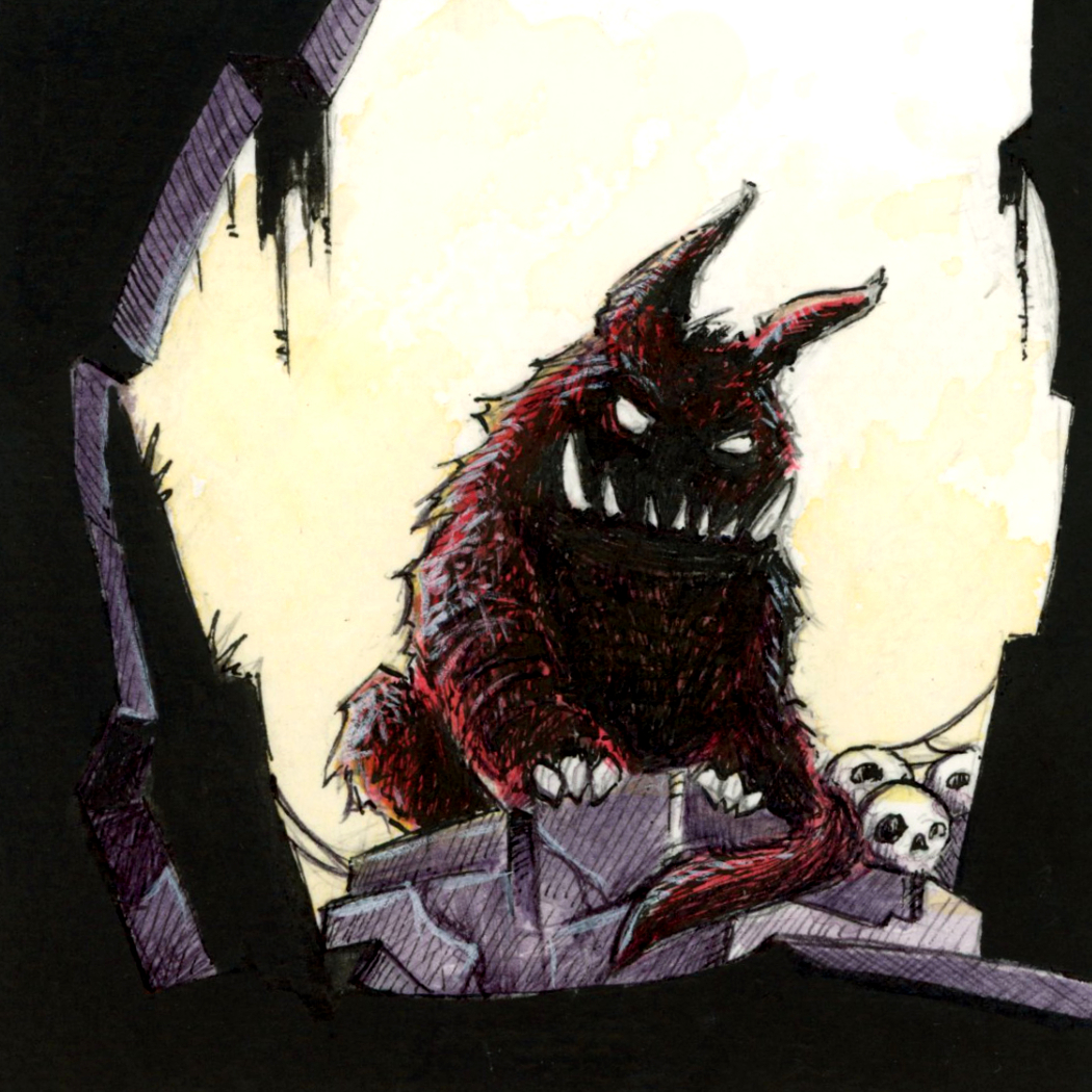 Illustration d'une bête noire avec des grandes dents, dans le monde fantasy de Dungeon Magnets - Dessin traditionnel à l'encre, inspiration jeu de rôle - Artiste : Guillaume Lehericey (Lupin de Garenne)