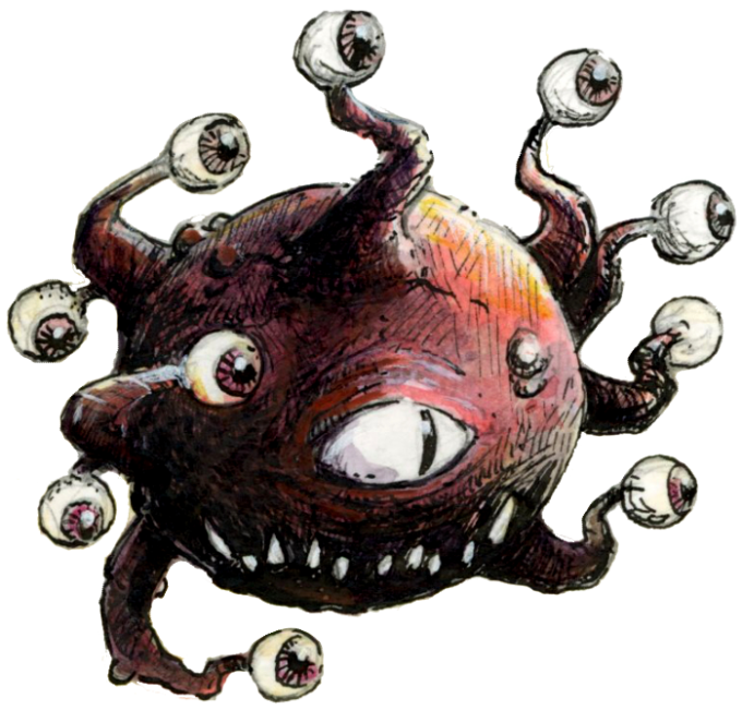 Dessin d'un beholder à l'encre, inspiration jeu de rôle - artiste : Guillaume Lehericey (Lupin de Garenne)