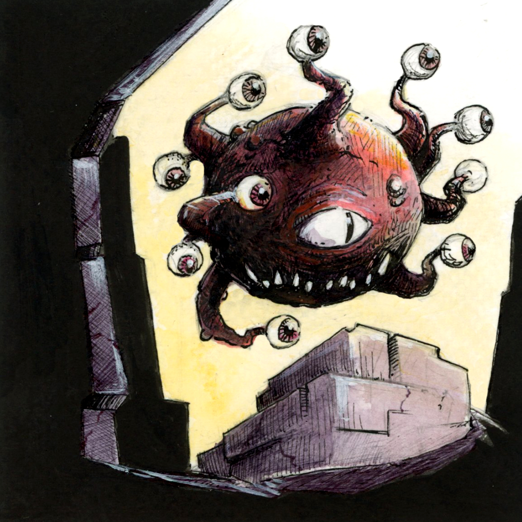 Illustration d'un tyrannoeil tenant une énorme clef anglaise, dans le monde fantasy de Dungeon Magnets - Dessin traditionnel à l'encre, inspiration jeu de rôle - Artiste : Guillaume Lehericey (Lupin de Garenne)