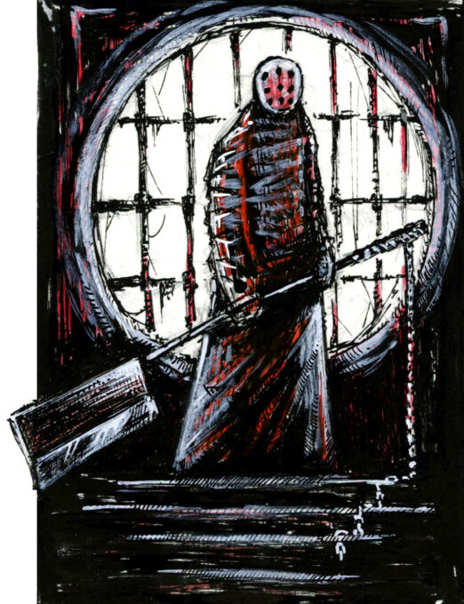 Illustration d'un bourreau de face, tenant à deux mains une longue hache en forme de hachoir géant. Un masque avec 9 trous cache son visage. Il se tient dans une prison, debout devant une fenêtre circulaire fermée par une grille et devant un escalier. Dessin dans un style Dark Fantasy avec une inspiration Jeu de Rôle - Plume et Encre, Posca - Artiste : Guillaume Lehericey (Lupin de Garenne)