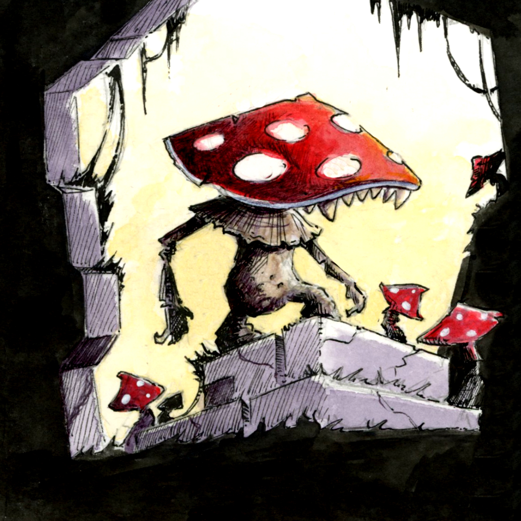 Illustration d'un homme champignon, dans le monde fantasy de Dungeon Magnets - Dessin traditionnel à l'encre, inspiration jeu de rôle - Artiste : Guillaume Lehericey (Lupin de Garenne)