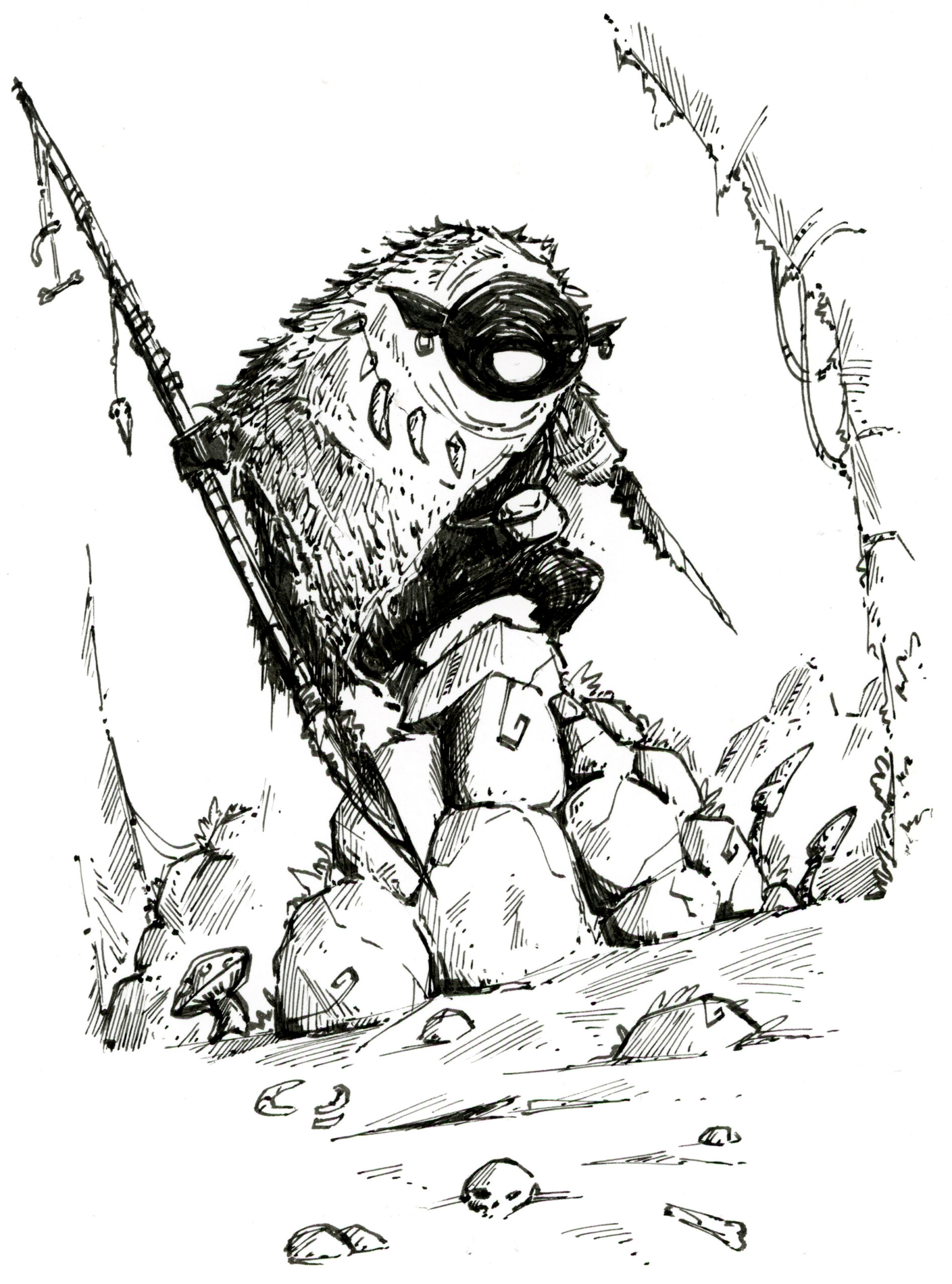 Illustration à la plume d'un chasseur gobelin armé d'une lance et d'une dague, se tenant sur un pile de cailloux, dans le monde fantasy de Dungeon Magnets - Dessin traditionnel à l'encre, inspiration jeu de rôle - Artiste : Guillaume Lehericey (Lupin de Garenne)