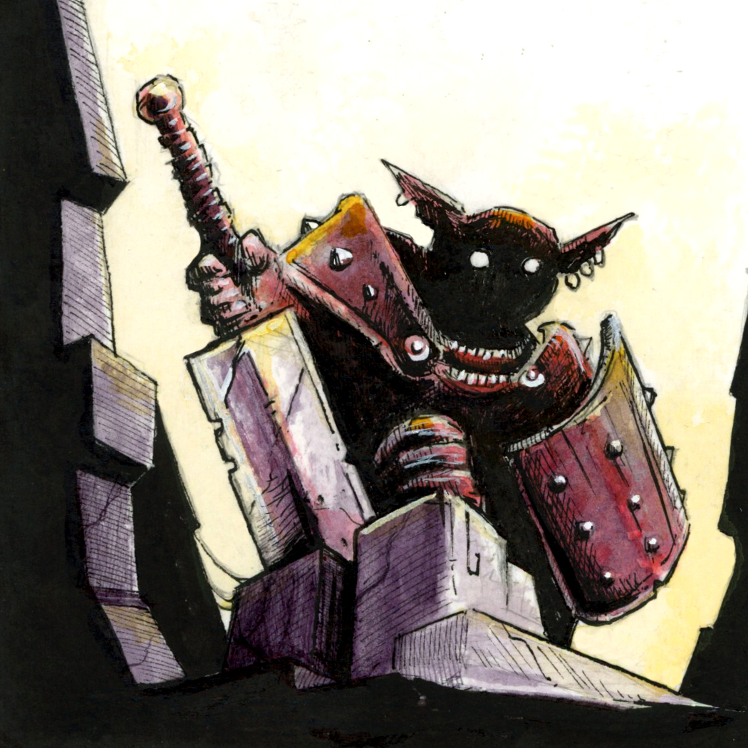 Illustration d'un chef gobelin avec une large épée et un bouclier, dans le monde fantasy de Dungeon Magnets - Dessin traditionnel à l'encre, inspiration jeu de rôle - Artiste : Guillaume Lehericey (Lupin de Garenne)