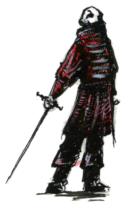 Illustration d'un bretteur avec une rapière dans la main droite, qu'il tient vers le bas. Dessin dans un style Dark Fantasy avec une inspiration Jeu de Rôle - Plume et Encre, Posca - Artiste : Guillaume Lehericey (Lupin de Garenne)