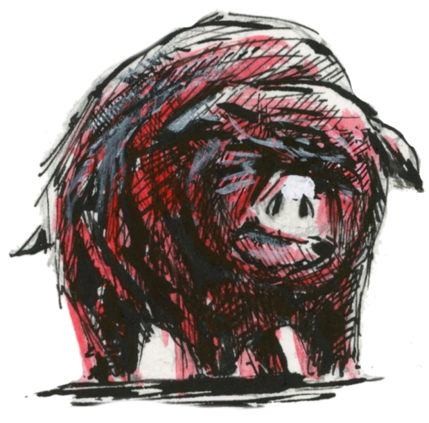 Dessin d'un cochon dans un style Dark Fantasy - Plume et Encre, Posca - Artiste : Guillaume Lehericey (Lupin de Garenne)