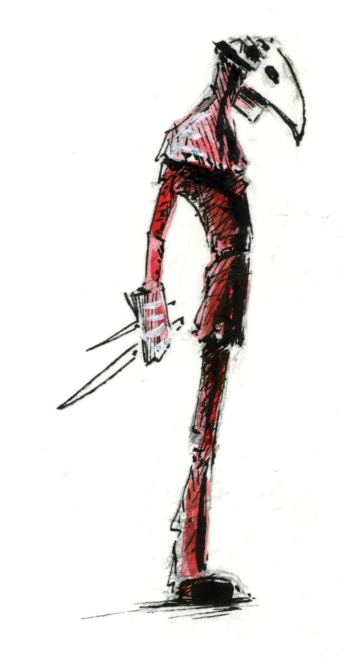 Illustration d'un voleur debout de profil. Il porte un masque en forme de bec et tient une dague dans chaque main. Dessin dans un style Dark Fantasy avec une inspiration Jeu de Rôle - Plume et Encre - Artiste : Guillaume Lehericey (Lupin de Garenne)