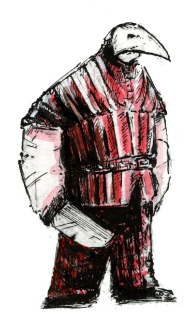 Illustration d'un voleur à la carrure massive. Il porte un masque en forme de bec et tient une dague avec une lame large. Dessin dans un style Dark Fantasy avec une inspiration Jeu de Rôle - Plume et Encre - Artiste : Guillaume Lehericey (Lupin de Garenne)