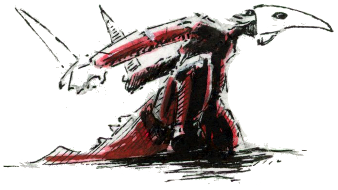 Illustration d'un voleur agenouillé. Il porte un masque en forme de bec et tient une dague dans chaque main. Dessin dans un style Dark Fantasy avec une inspiration Jeu de Rôle - Plume et Encre - Artiste : Guillaume Lehericey (Lupin de Garenne)