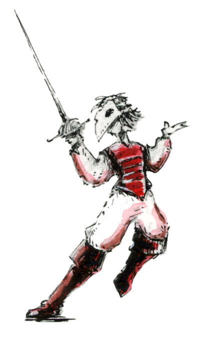 Illustration d'une voleuse duelliste avec une rapière, en train d'effectuer une parade. Dessin dans un style Dark Fantasy avec une inspiration Jeu de Rôle - Plume et Encre - Artiste : Guillaume Lehericey (Lupin de Garenne)