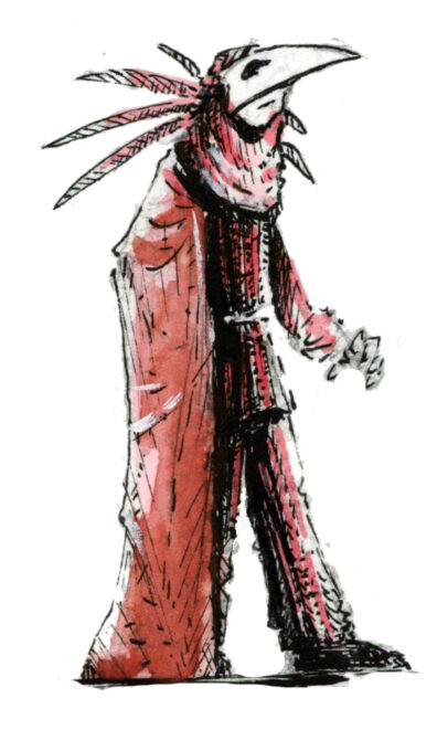 Illustration d'un voleur debout. Il porte un masque en forme de bec et porte une cape et une collerette de plumes qui semblent lui donner un statut de chef des roublards. Dessin dans un style Dark Fantasy avec une inspiration Jeu de Rôle - Plume et Encre - Artiste : Guillaume Lehericey (Lupin de Garenne)