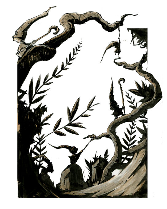 Dessin fantasy de gnomes en pleine excursion dans un univers végétal de racines - inspiration JDR - artiste : Guillaume Lehericey (Lupin de Garenne)