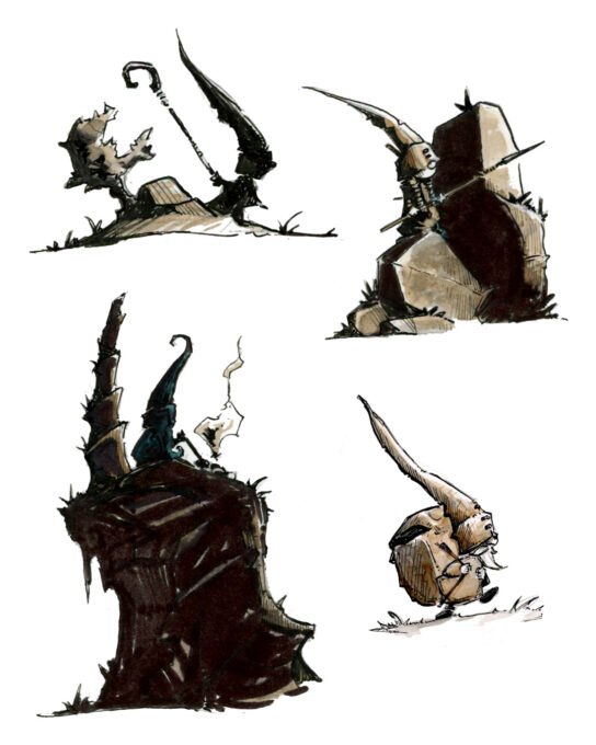 Dessin fantasy de gnomes (kolbs) - inspiration jeu de rôle - artiste : Guillaume Lehericey (Lupin de Garenne)