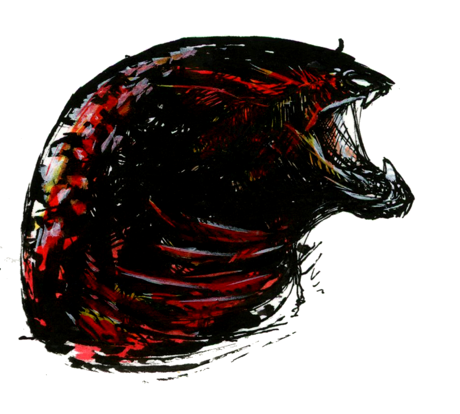 Illustration d'une créature ressemblant à une murène monstrueuse, dans un style Dark Fantasy avec une inspiration Jeu de Rôle - Plume et Encre - Artiste : Guillaume Lehericey (Lupin de Garenne)