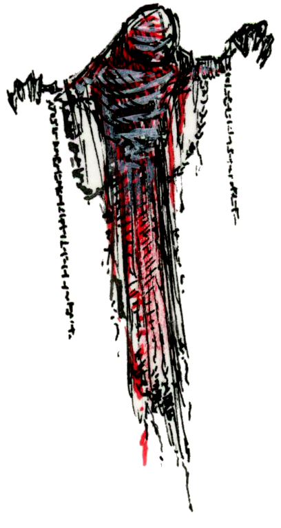 Illustration d'un spectre volant en bandelettes, avec des chaînes aux poignées. Dessin dans un style Dark Fantasy avec une inspiration Jeu de Rôle - Plume et Encre, Posca - Artiste : Guillaume Lehericey (Lupin de Garenne)