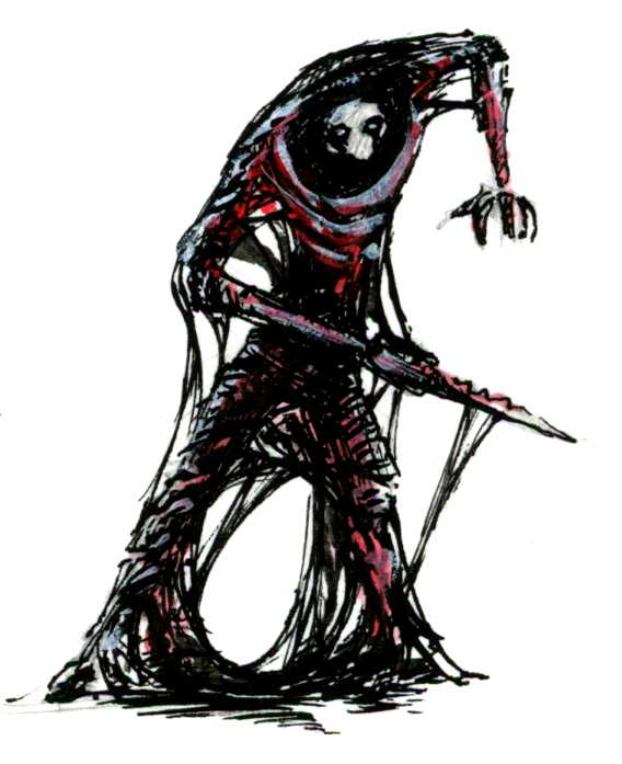 Illustration d'un monstre humanoïde et filandreux, avec une lame en guise de bras droit, dans un style Dark Fantasy avec une inspiration Jeu de Rôle - Plume et Encre, Posca - Artiste : Guillaume Lehericey (Lupin de Garenne)