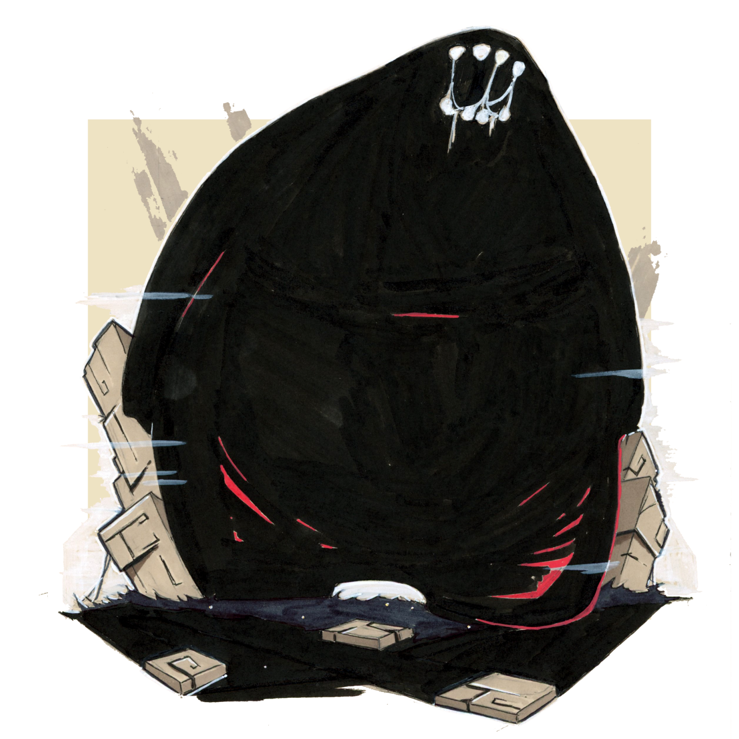 Illustration d'un ogre géant. Son apparence est une silhouette humanoïde noire et massive avec juste une bouche pleine de bave et de dents. Il évolue dans un décor naturel avec une ambiance fantasy - Posca et feutre - Artiste : Guillaume Lehericey (Lupin de Garenne)
