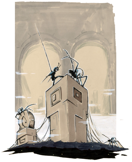 Illustration d'un combat entre un homme insecte et une araignée dont l'abdomen est un œil dans un paysage fantasy - Artiste : Guillaume Lehericey (Lupin de Garenne)
