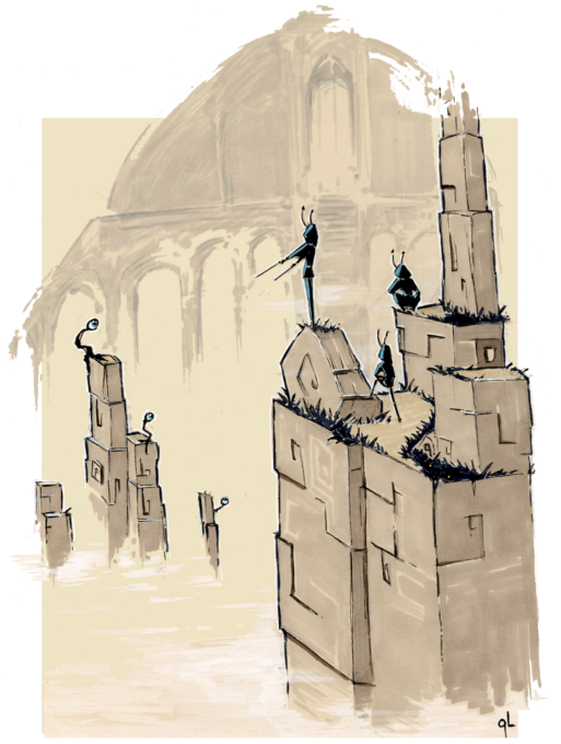 Illustration d'une scène ambiance fantasy. Un groupe d'homme insectes en haut d'un promontoir rocheux regarde en direction du dôme d'un bâtiment gigantesque en arrière plan - Artiste : Guillaume Lehericey (Lupin de Garenne)