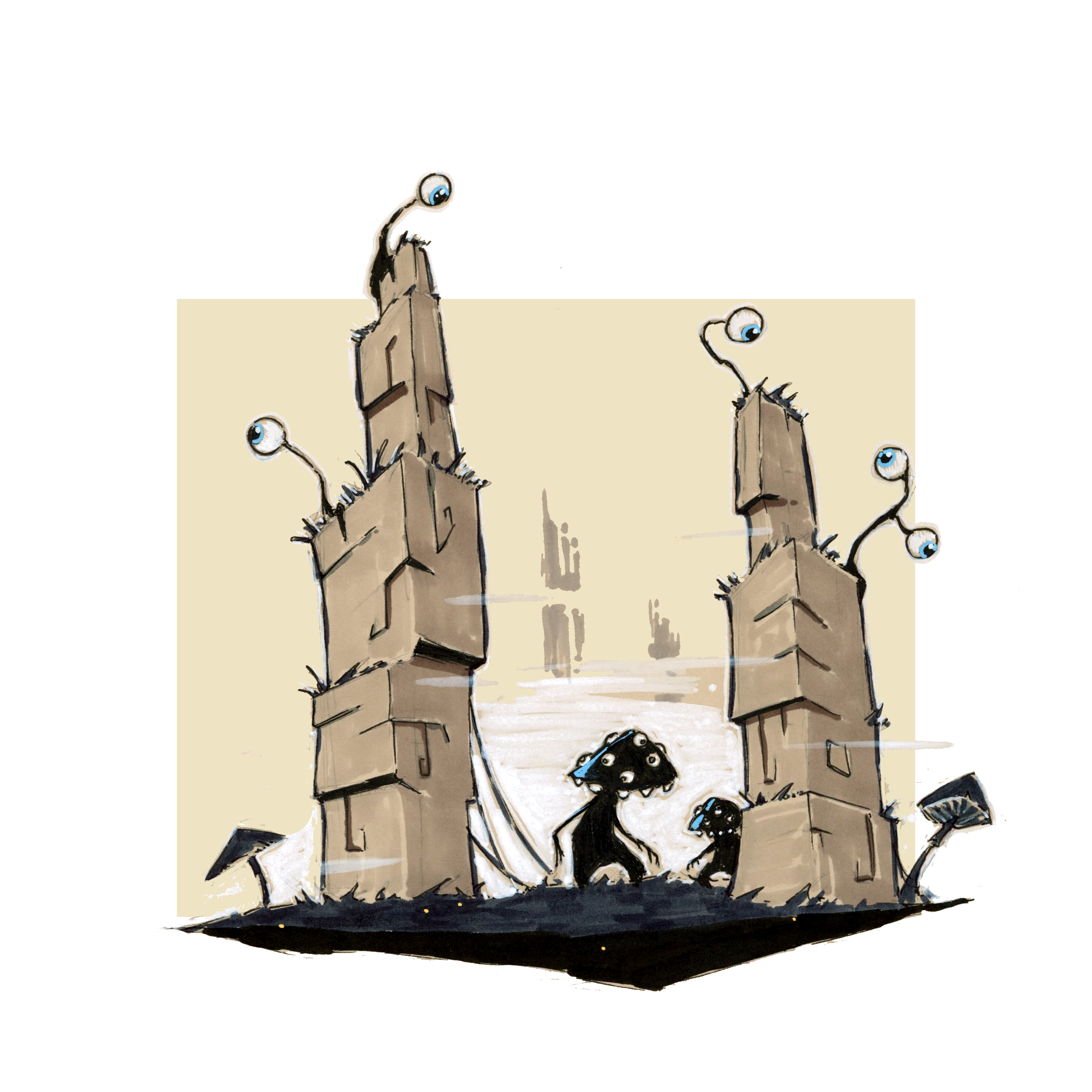Illustration univers fantasy : une invasion d'hommes champignons dont les chapeaux sont couverts d'yeux - Artiste : Guillaume Lehericey (Lupin de Garenne)