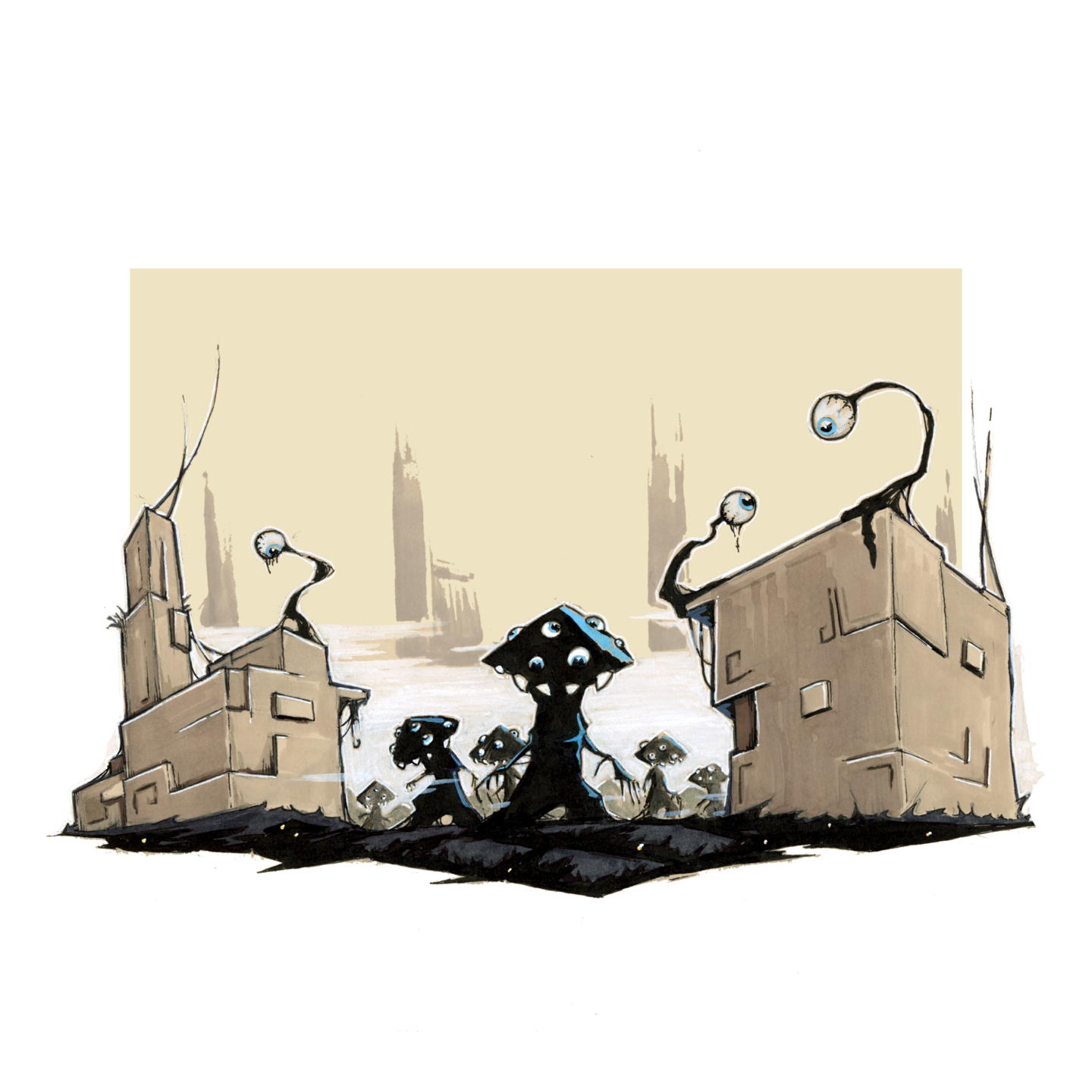 Illustration univers fantasy : une invasion d'hommes champignons dont les chapeaux sont couverts d'yeux - Artiste : Guillaume Lehericey (Lupin de Garenne)