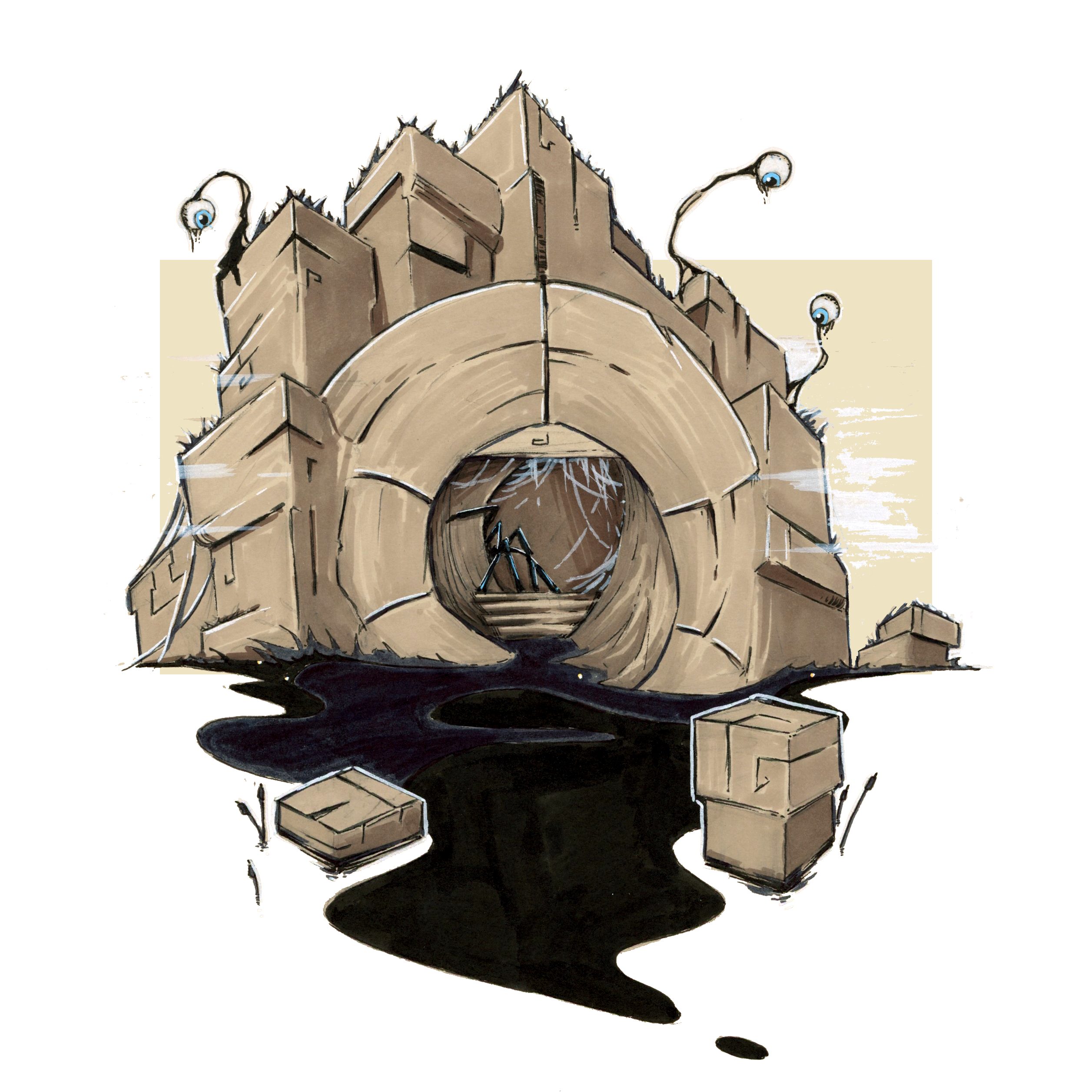 Illustration d'un bâtiment ambiance fantasy, en pierre abandonné, envahi par des lianes terminées par des yeux - Posca et feutre à alcool - Artiste : Guillaume Lehericey (Lupin de Garenne)