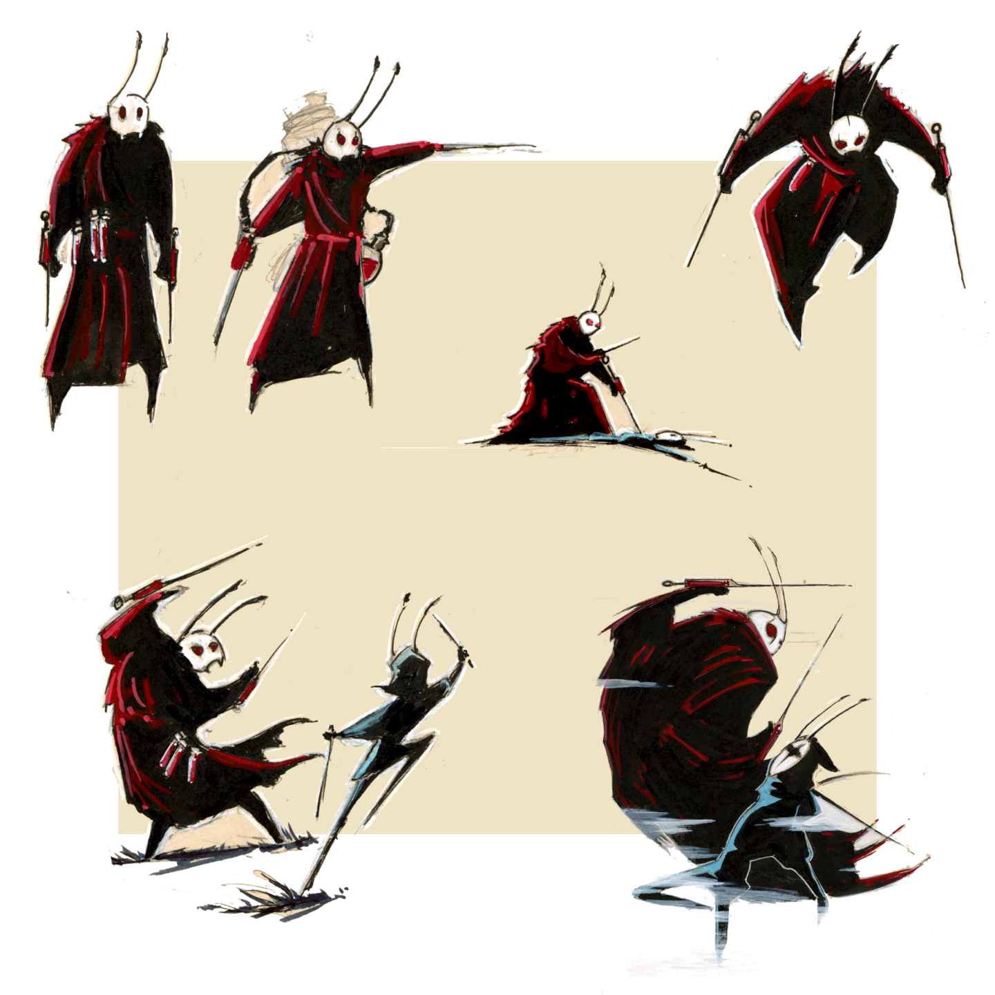 Planche de recherche, présentant des créatures à l'apparence d'hommes insectes portant des armes en forme d'aiguilles - Posca et feutre - Artiste : Guillaume Lehericey (Lupin de Garenne)