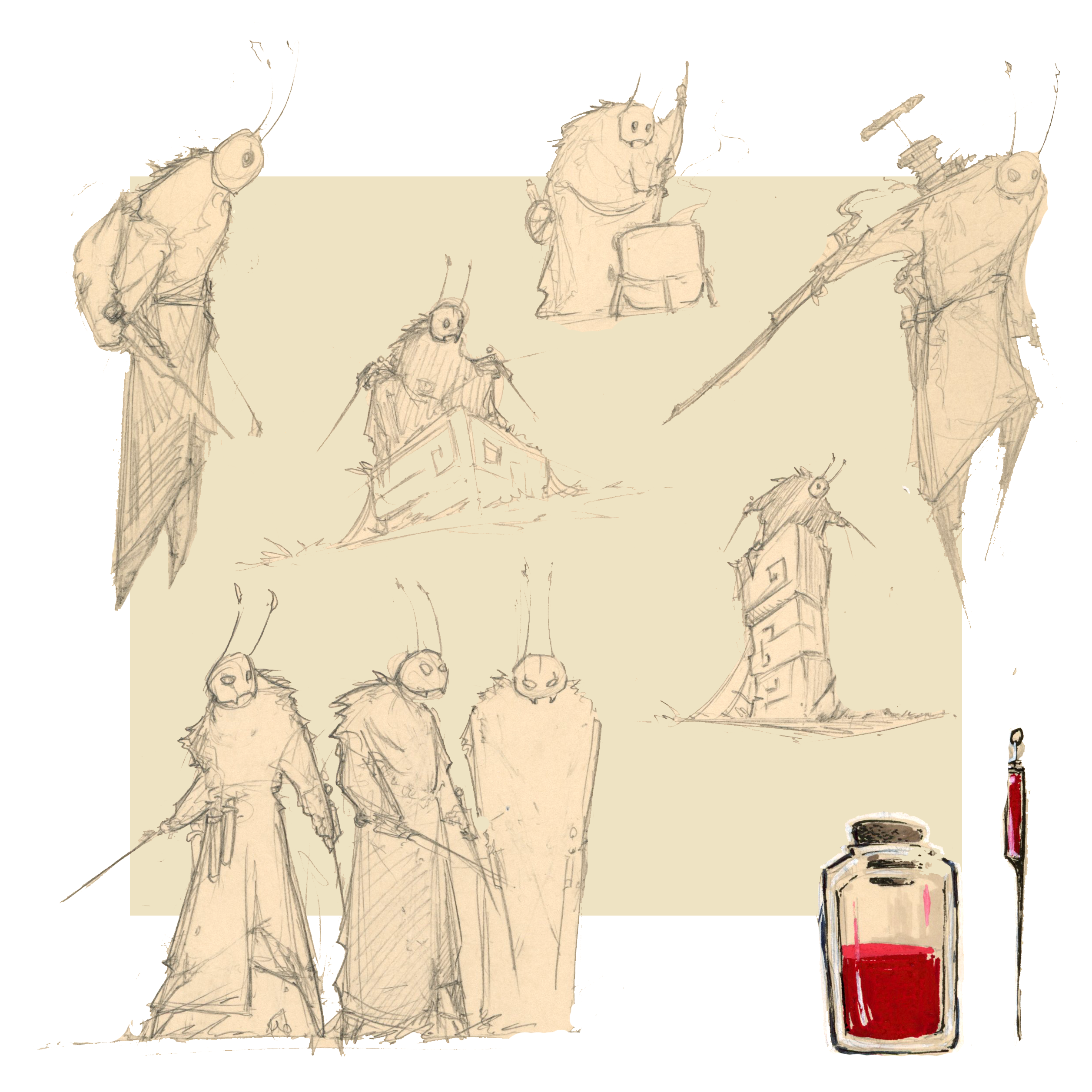 Planche de recherche : crayonnés de plusieurs hommes insectes pour un monde fantasy, ambiance JDR, dans différentes poses. - Artiste : Guillaume Lehericey (Lupin de Garenne)