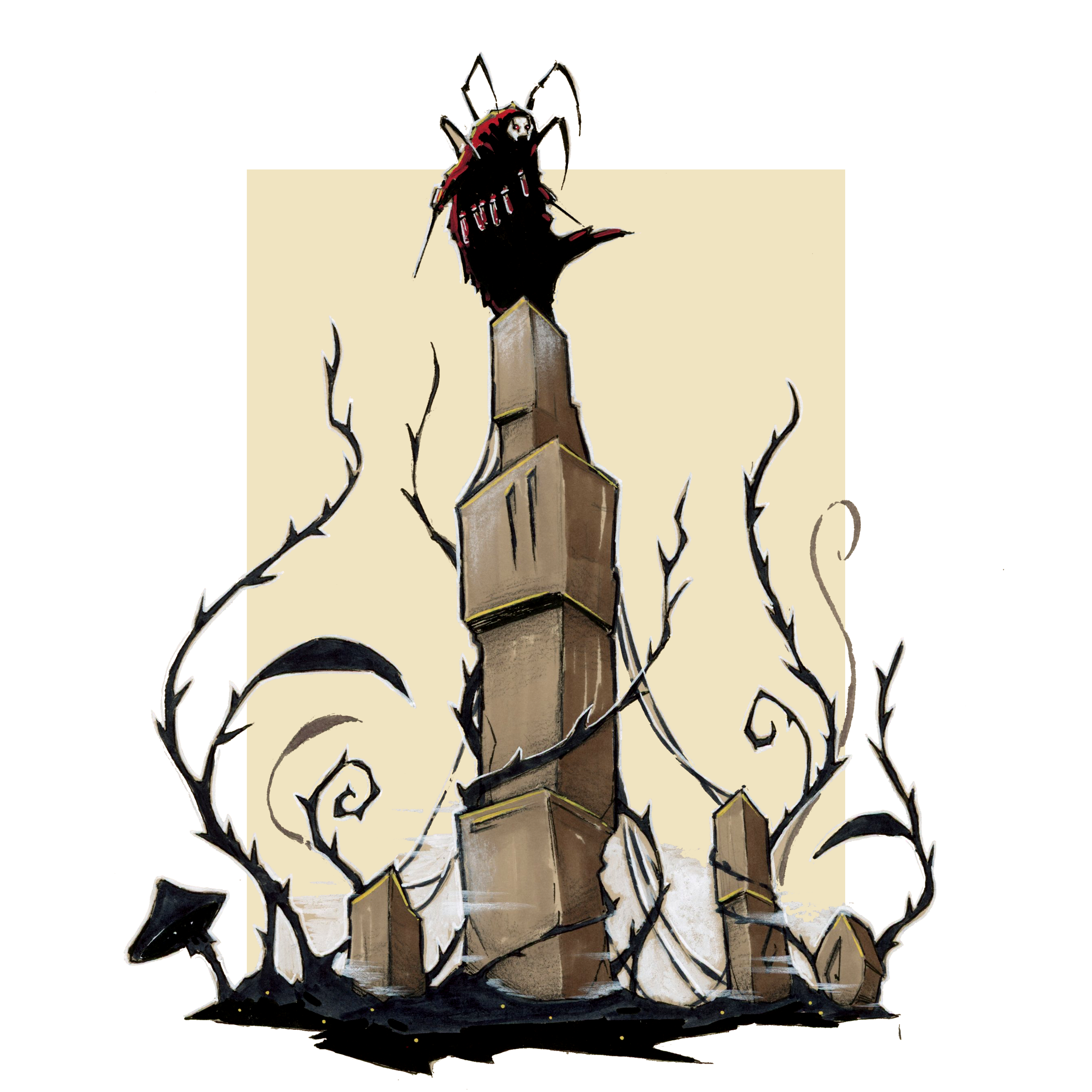 Illustration d'une créature fantasy à l'apparence d'un homme-insecte qui tient des armes en forme d'aiguilles. quatre pattes d'araignée sortent de son dos. Il porte une ceinture en bandoulière à laquelle sont accrochées des tubes en verre remplis de sang. Il se tient sur une grande colonne de pierre naturelle entourée de racines - Posca et feutre - Artiste : Guillaume Lehericey (Lupin de Garenne)
