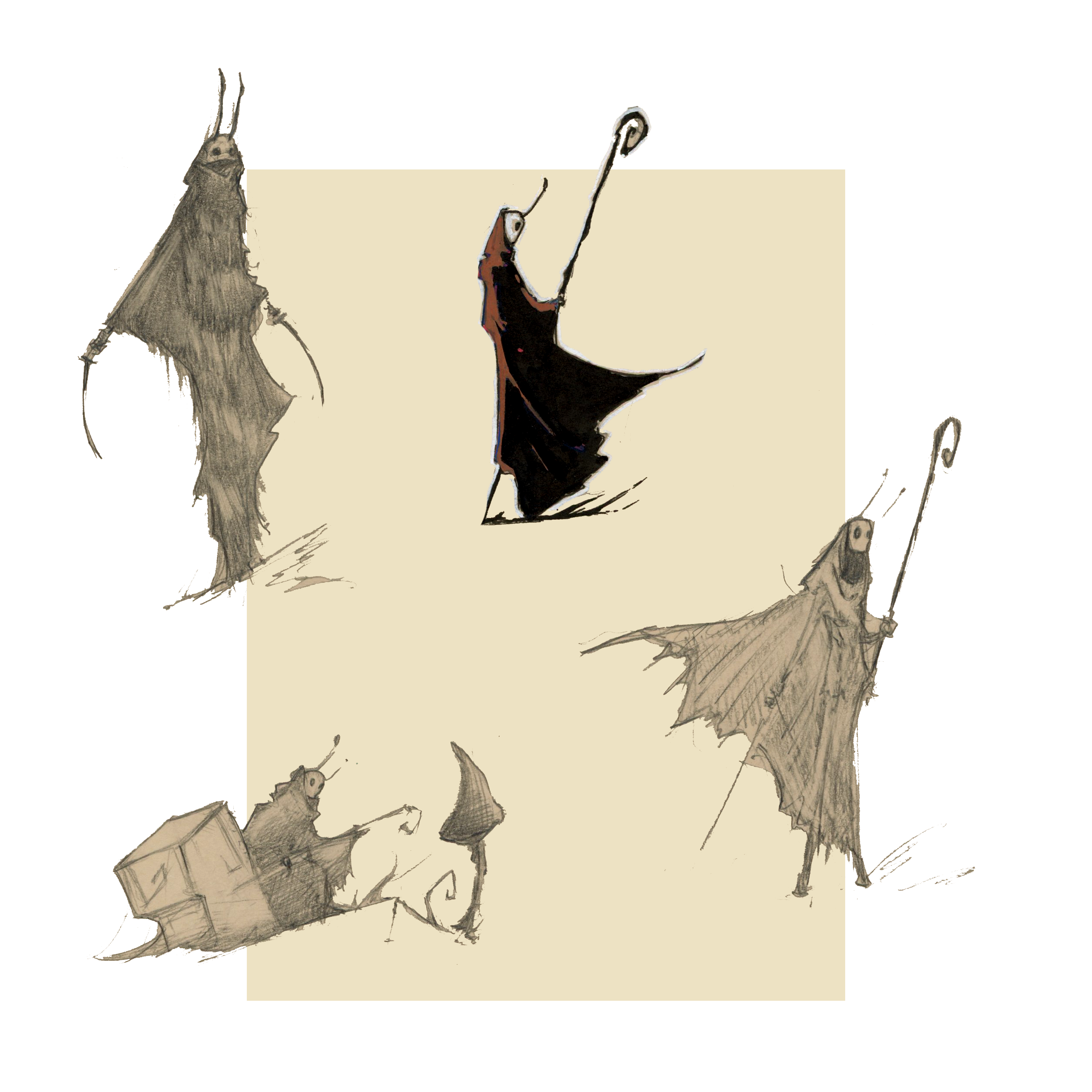 Planche de crayonnés de plusieurs hommes insectes pour un monde fantasy, ambiance JDR, dans différentes poses - Critérium, Posca et feutre - Artiste : Guillaume Lehericey (Lupin de Garenne)