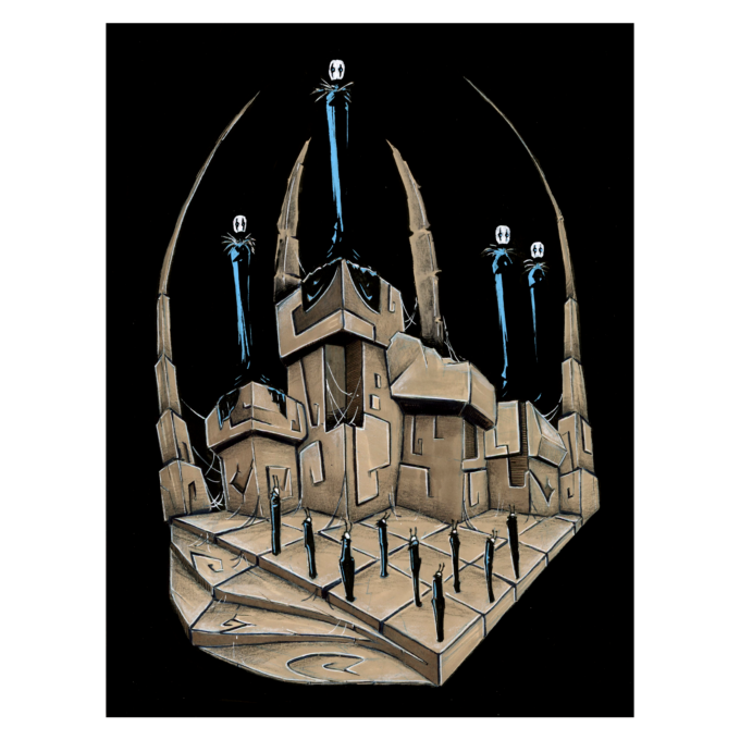 Illustration d'une scène ambiance fantasy. Dans l'obscurité d'un temple enveloppé d'un noir impénétrable, quatre géants sont entourés par des hommes insectes qui les vénèrent. - Artiste : Guillaume Lehericey (Lupin de Garenne)