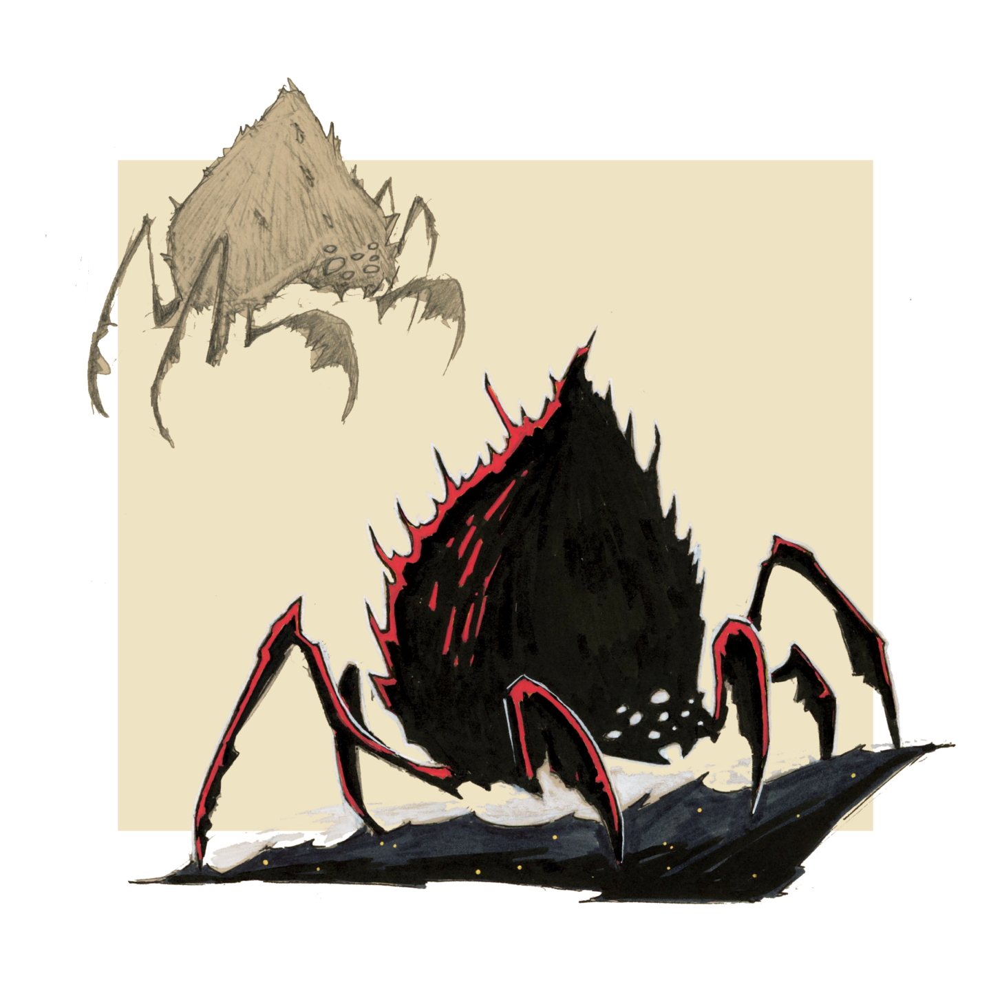 Planche de recherche pour un univers fantasy : des créatures insectoïdes hérissées de pics. - Artiste : Guillaume Lehericey (Lupin de Garenne)