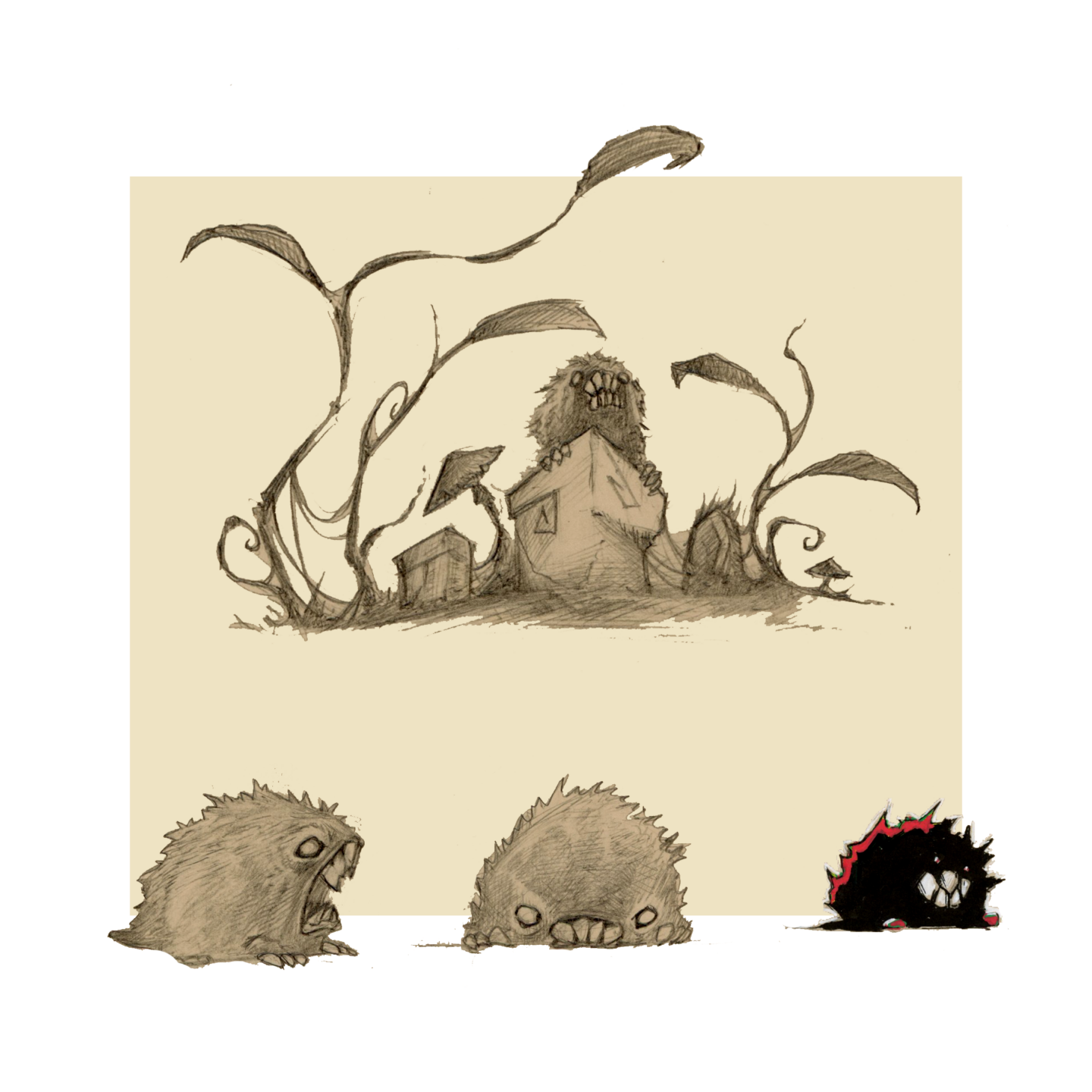Planche de recherche pour un univers fantasy : Des boules de poils agressives avec des grandes dents pointues - Artiste : Guillaume Lehericey (Lupin de Garenne)