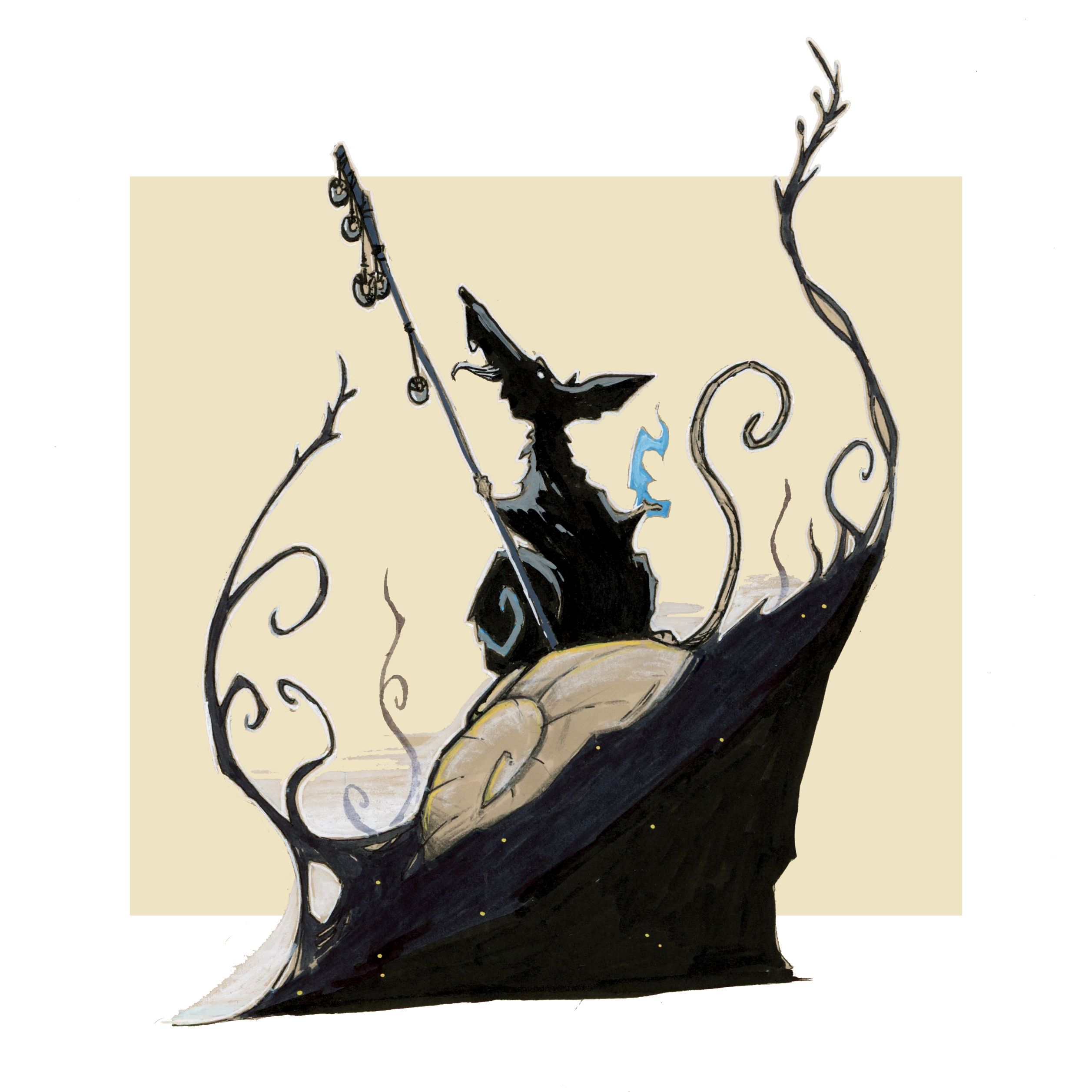 Illustration d'un rat sorcier tenant un bâton, avec une flamme de magie bleue sortant de sa main gauche, dans une ambiance fantasy et jeu de rôle - Posca et feutre - Artiste : Guillaume Lehericey (Lupin de Garenne)