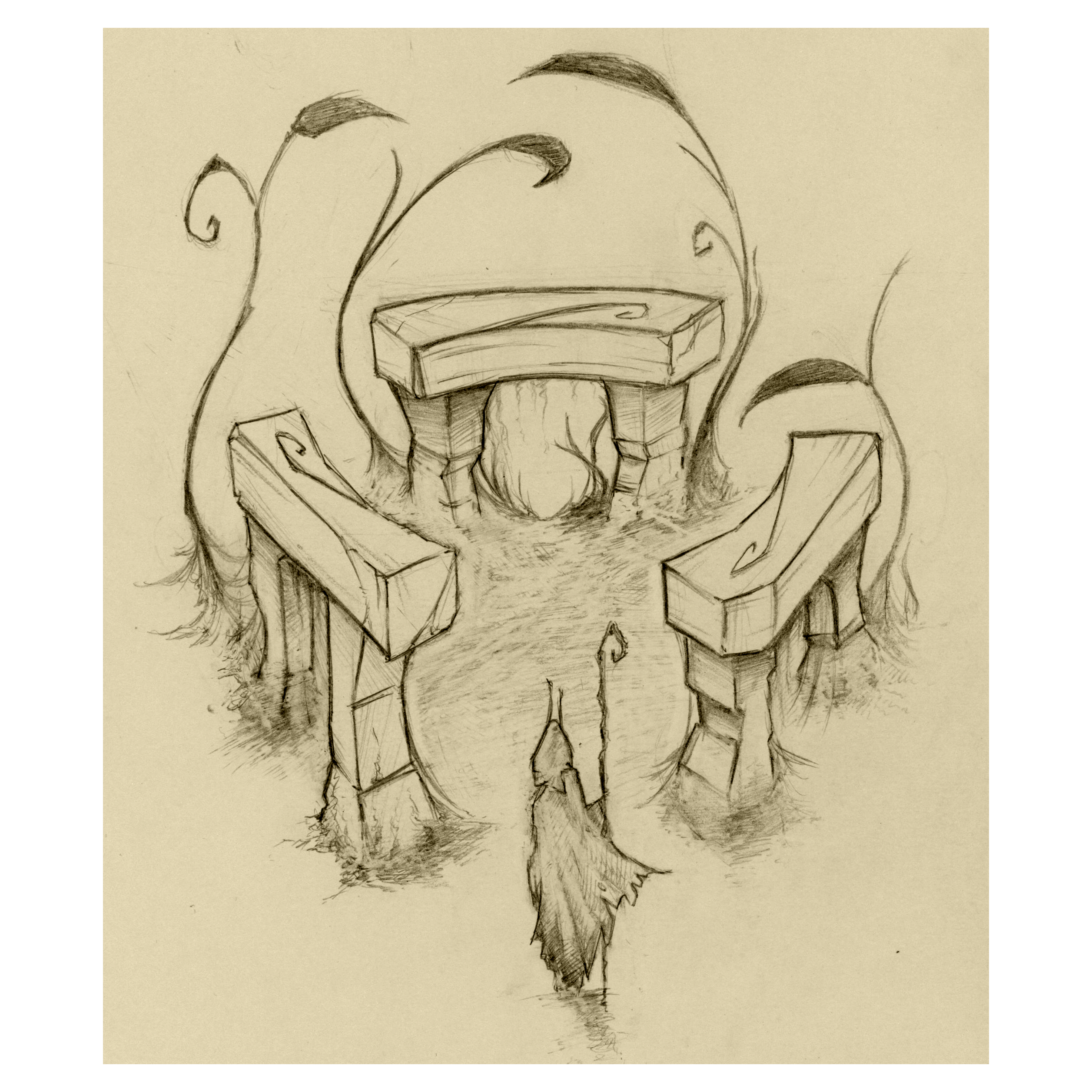 Illustration crayonnée. Un homme insecte en cape et de dos pénètre dans une clairière cernée par trois dolmens en pierre et entourée par des herbes géantes - Posca et feutre à alcool - Artiste : Guillaume Lehericey (Lupin de Garenne)