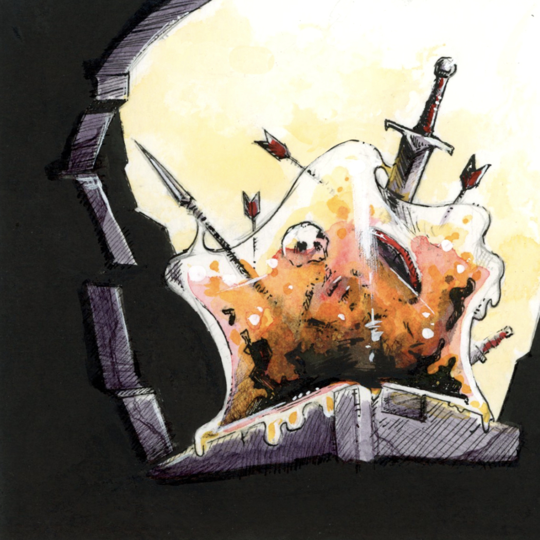 Illustration d'un cube gélatineux dans lequel sont plantés des armes (épées, lance, bouclier), dans le monde fantasy de Dungeon Magnets - Dessin traditionnel à l'encre, inspiration jeu de rôle - Artiste : Guillaume Lehericey (Lupin de Garenne)