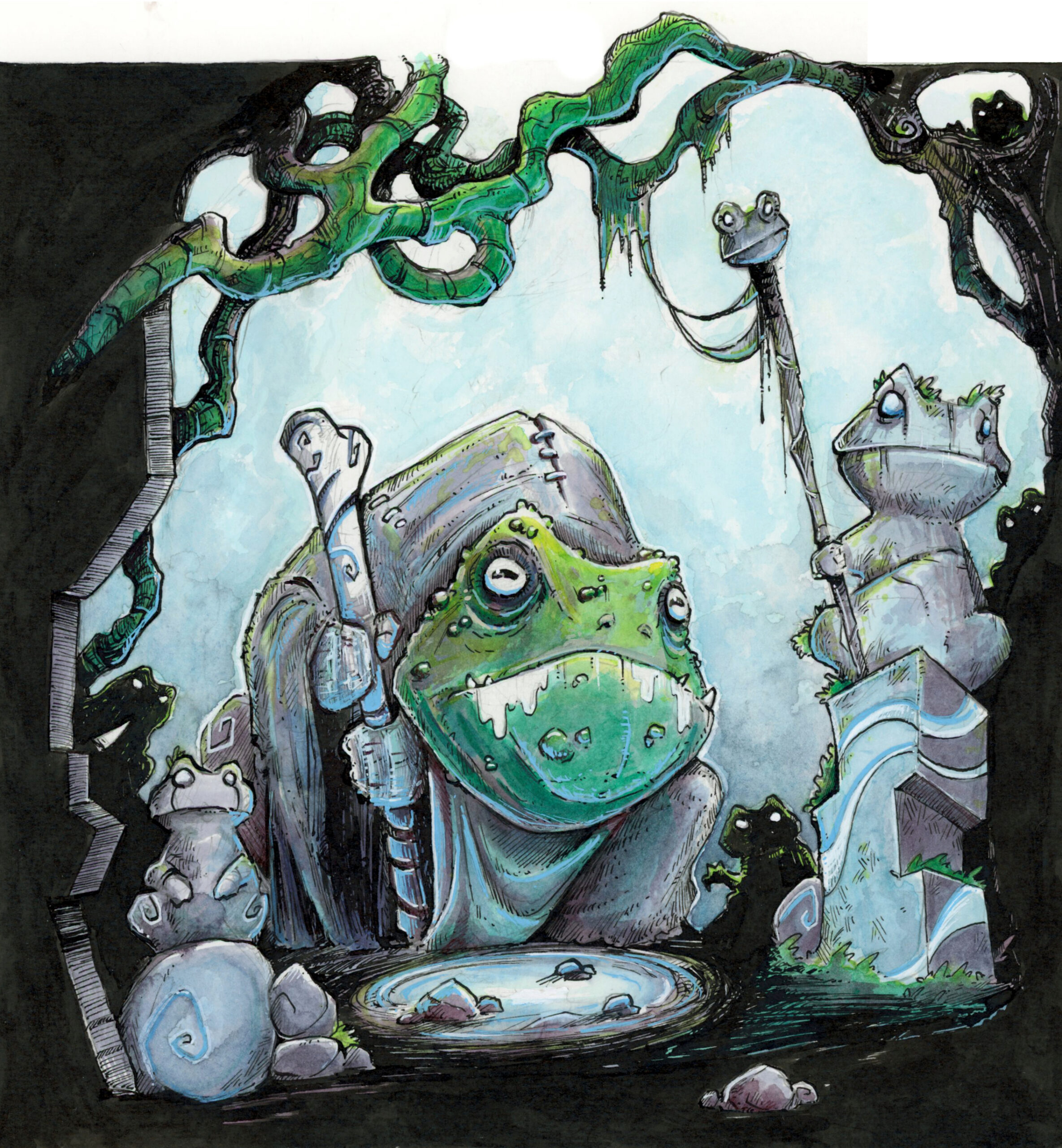 Illustration couleur du culte des grenouilles, dans le monde fantasy de Dungeon Magnets. Un prêtre grenouille lit le destin dans la position des pierres devant lui, encadré par deux statues de grenouilles - Dessin traditionnel à l'encre, inspiration jeu de rôle - Artiste : Guillaume Lehericey (Lupin de Garenne)