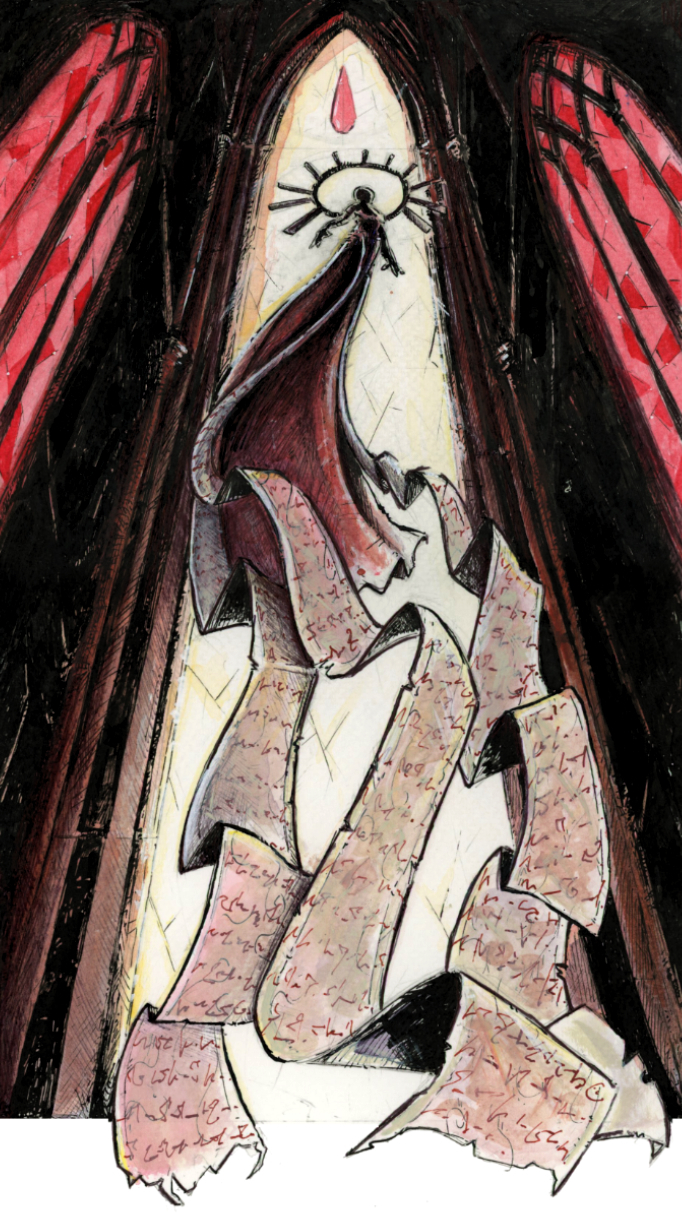 Illustration d'une silhouette à l'allure mystique, vue en contreplongée. Vêtue d'une longue robe tombante, elle est en lévitation à l'intérieur d'une tour gothique entre deux vitraux rouge et devant un grand vitrail blanc dont une larme rouge orne le haut. Trois longs parchemins accrochés à sa taille tombent en cascade vers le bas du dessin. Illustration dans style Dark Fantasy avec une inspiration Jeu de Rôle - Plume et Encre - Artiste : Guillaume Lehericey (Lupin de Garenne)