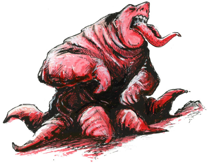 Illustration d'un être humanoïde avec des mutations et des difformités. Sa chair forme des plis, il tire une langue énorme, et des sortes de tentacules le portent à la place des jambes. Dessin dans un style Dark Fantasy avec une inspiration Jeu de Rôle - Plume et Encre - Artiste : Guillaume Lehericey (Lupin de Garenne)