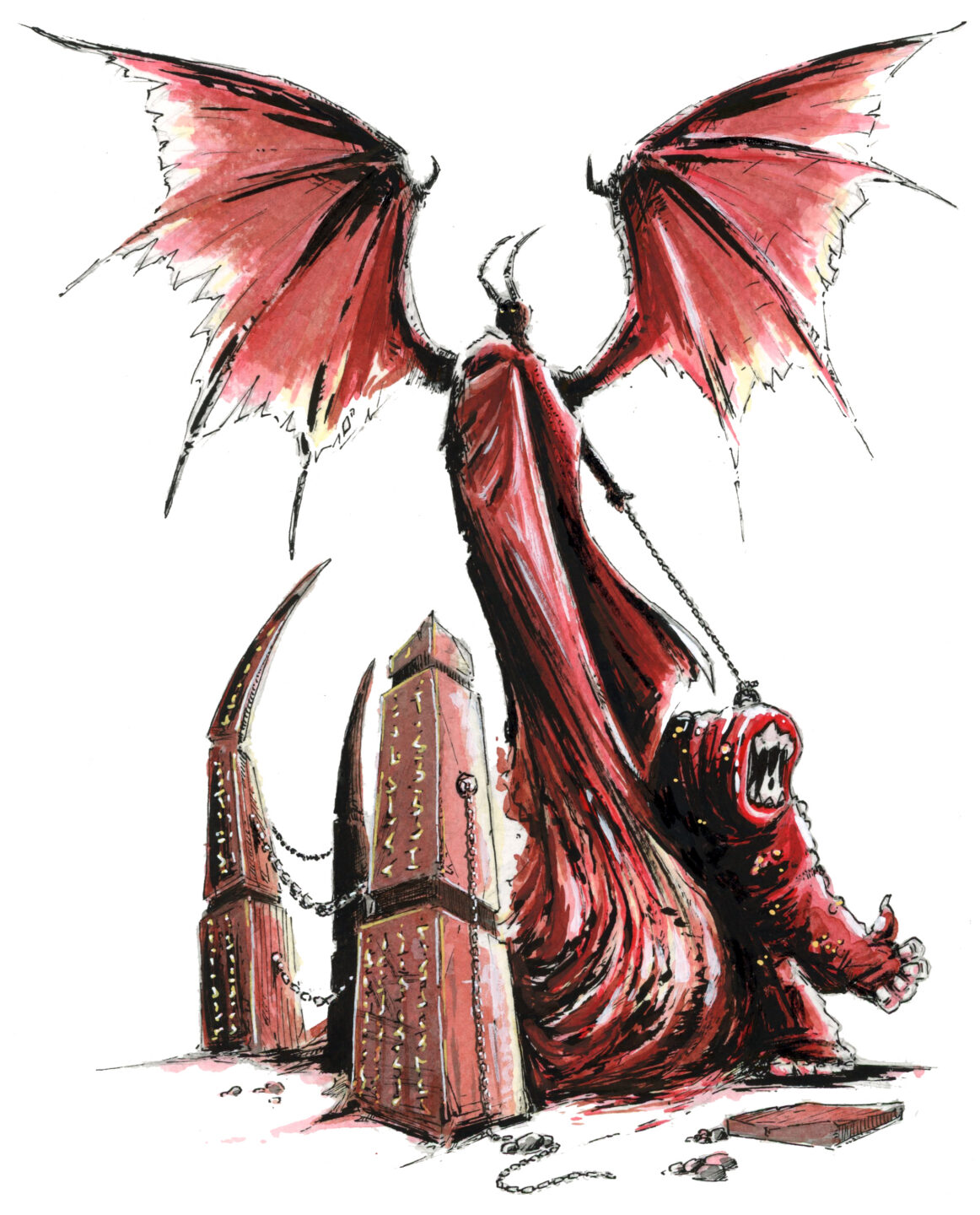 Démon ailé trainant en laisse une créature démoniaque - Illustration Dark Fantasy, avec une inspiration Jeu de Rôle - Plume et Encre - Artiste : Guillaume Lehericey (Lupin de Garenne)