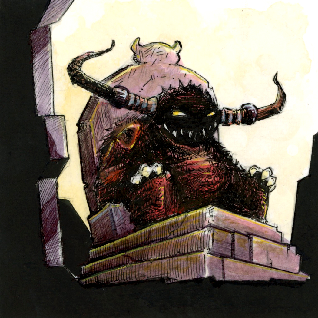 Illustration d'un démon avec deux grande cornes, assis sur un fauteuil de pierre et souriant, dans le monde fantasy de Dungeon Magnets - Dessin traditionnel à l'encre, inspiration jeu de rôle - Artiste : Guillaume Lehericey (Lupin de Garenne)